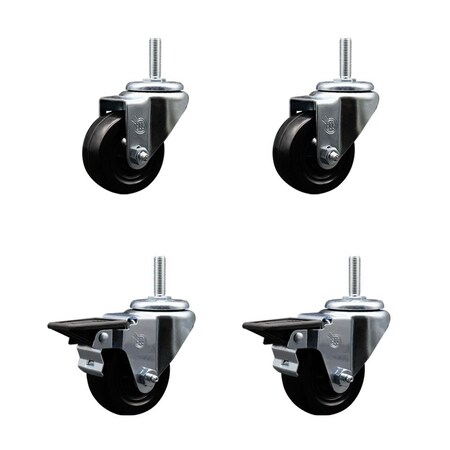 Service Caster 3 Inch Hard Rubber Wheel Swivel 58 Inch Threaded Stem Caster Set 2 Brakes SCC SCC-TS20S314-HRS-58212-2-PLB-2